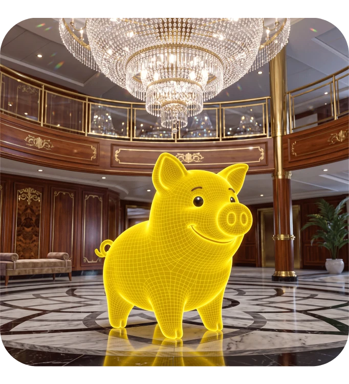Mascote Cofrinho BB de óculos, com um balde de pipoca e o controle remoto